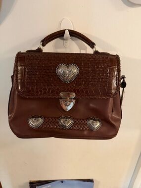 Brown Heart-Embellished Top Handle Satchel